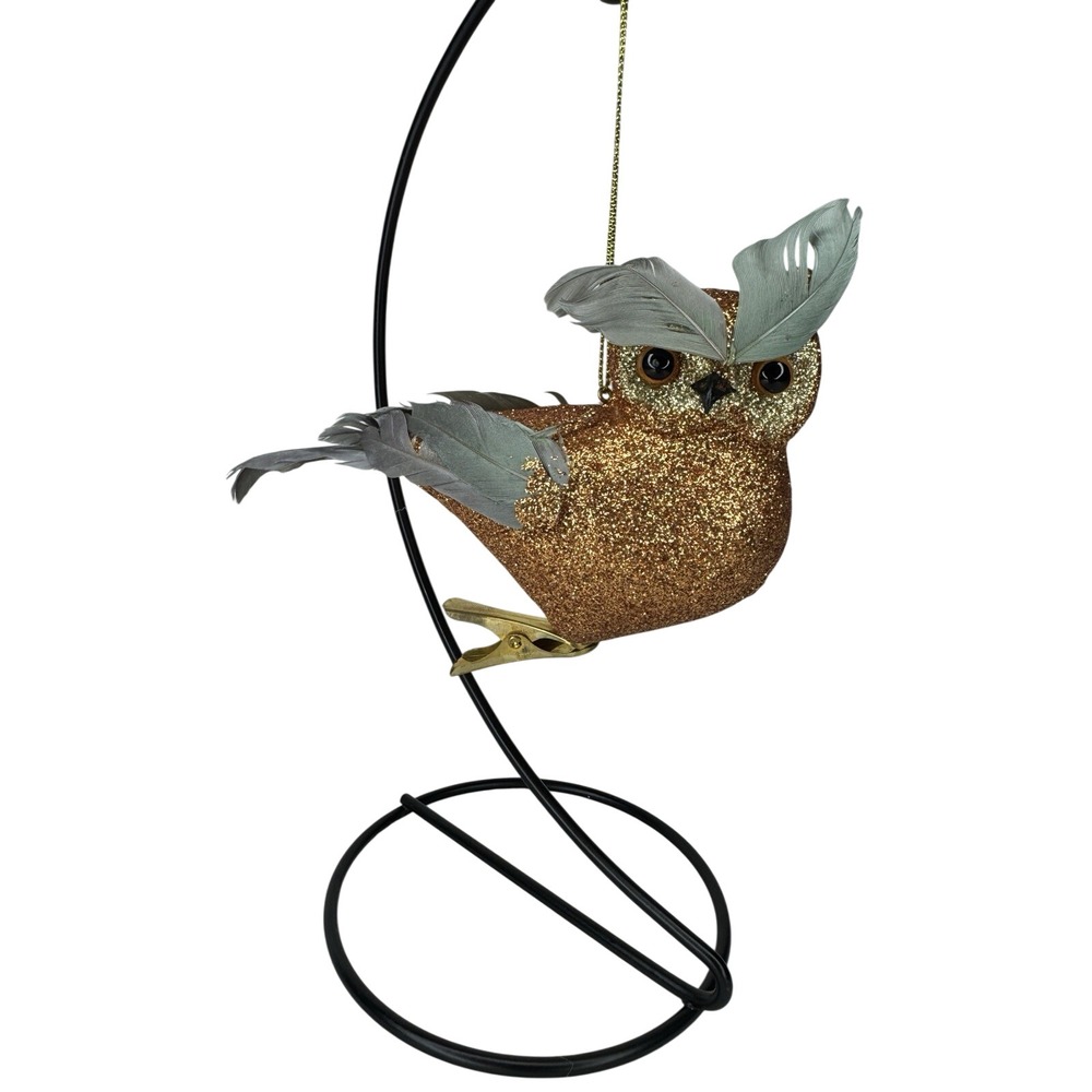 Pier 1 Glitter Owl Clip Ornament Gold‎ Feather Christmas Winter Holiday Decor